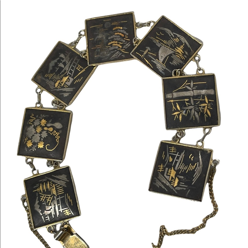 Vintage 1950s Amita Gold plt Damascene Japanese story book bracelet